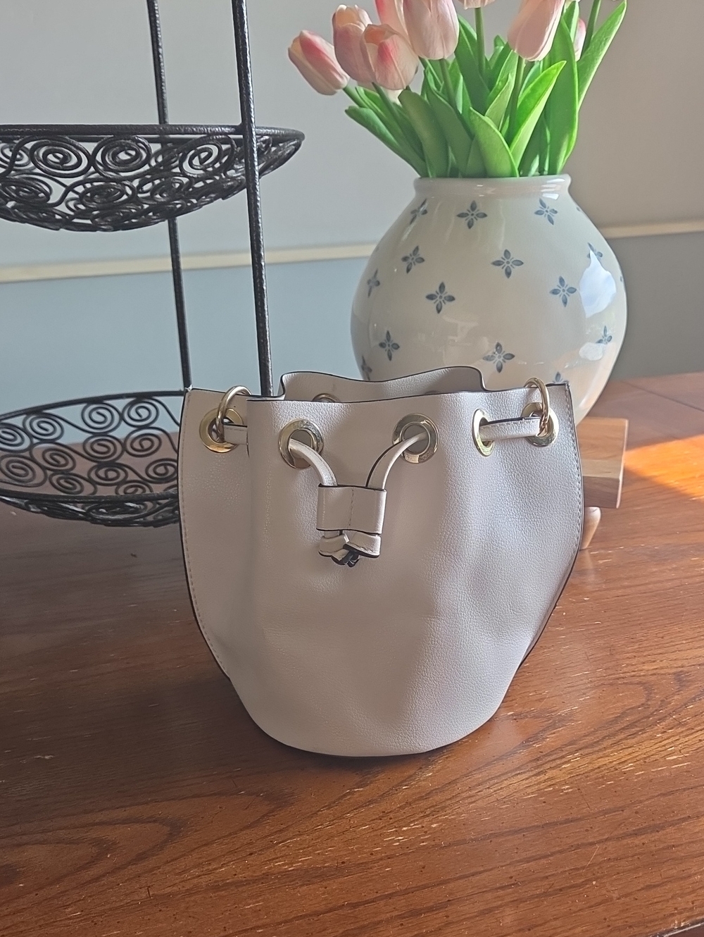 Zara Cream Drawstring Mini Bucket Bag with Gold-Tone Eyelets